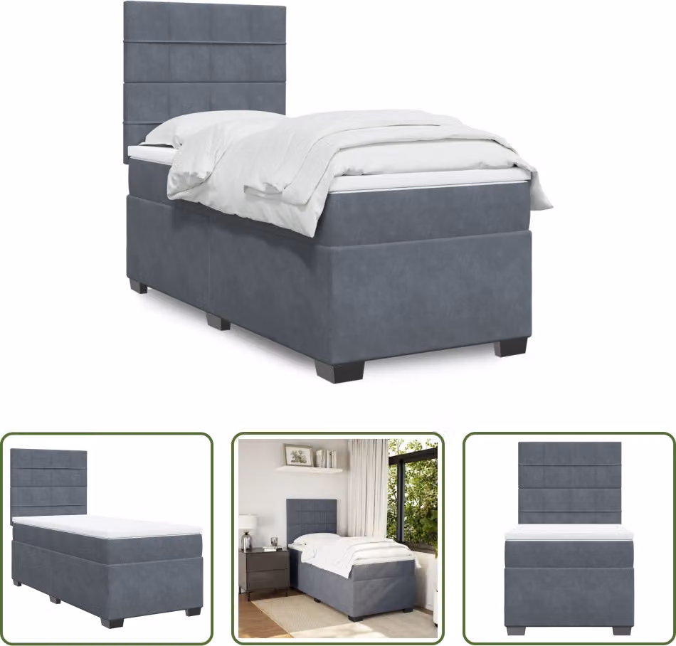 The Living Store Letto a molle con materasso grigio scuro 90x190 cm in velluto
