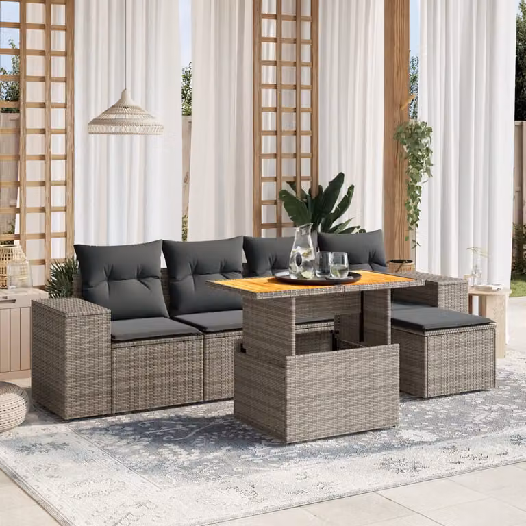 vidaXL Set Divano da Giardino a L 6 pz in Polyrattan Grigio con Cuscini e Tavolino da Caffè