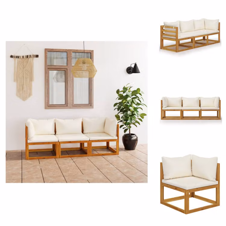 vidaXL Divano da giardino a 3 posti con cuscino in legno massiccio di acacia crema - Set di mobili da giardino