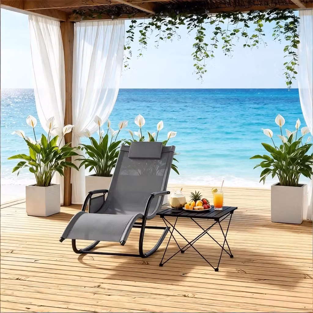 Sedia a dondolo da esterno MIVRAY in poliestere grigio con struttura in metallo e tasca laterale H x L x P: 152 x 62 x 83 cm – 2