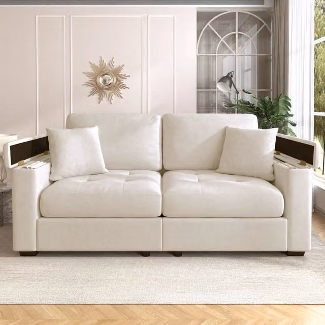 Divano moderno a 2 posti WISHDOR beige in tessuto con contenitore nei braccioli, tasche laterali e 2 cuscini inclusi
