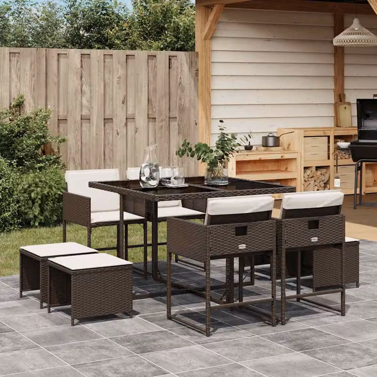 Set da Pranzo da Giardino vidaXL in Polyrattan Marrone con 9 Pezzi e Cuscini