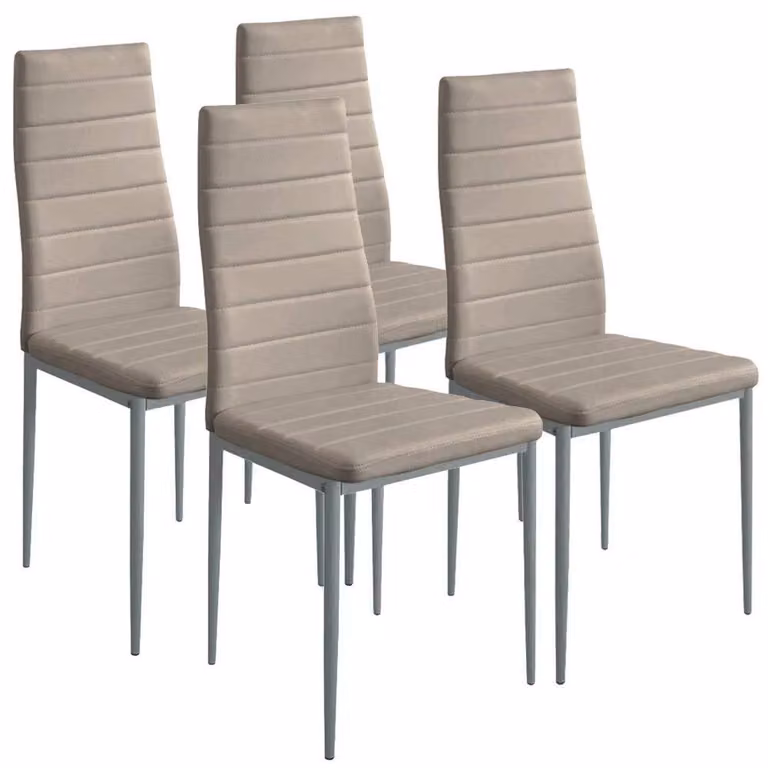 Set di 4 sedie da pranzo, rivestite in ecopelle color tortora, con struttura in acciaio, design moderno