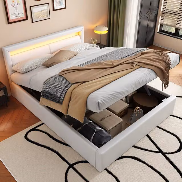 Letto imbottito 140x200 cm con LED e contenitore in PU bianco