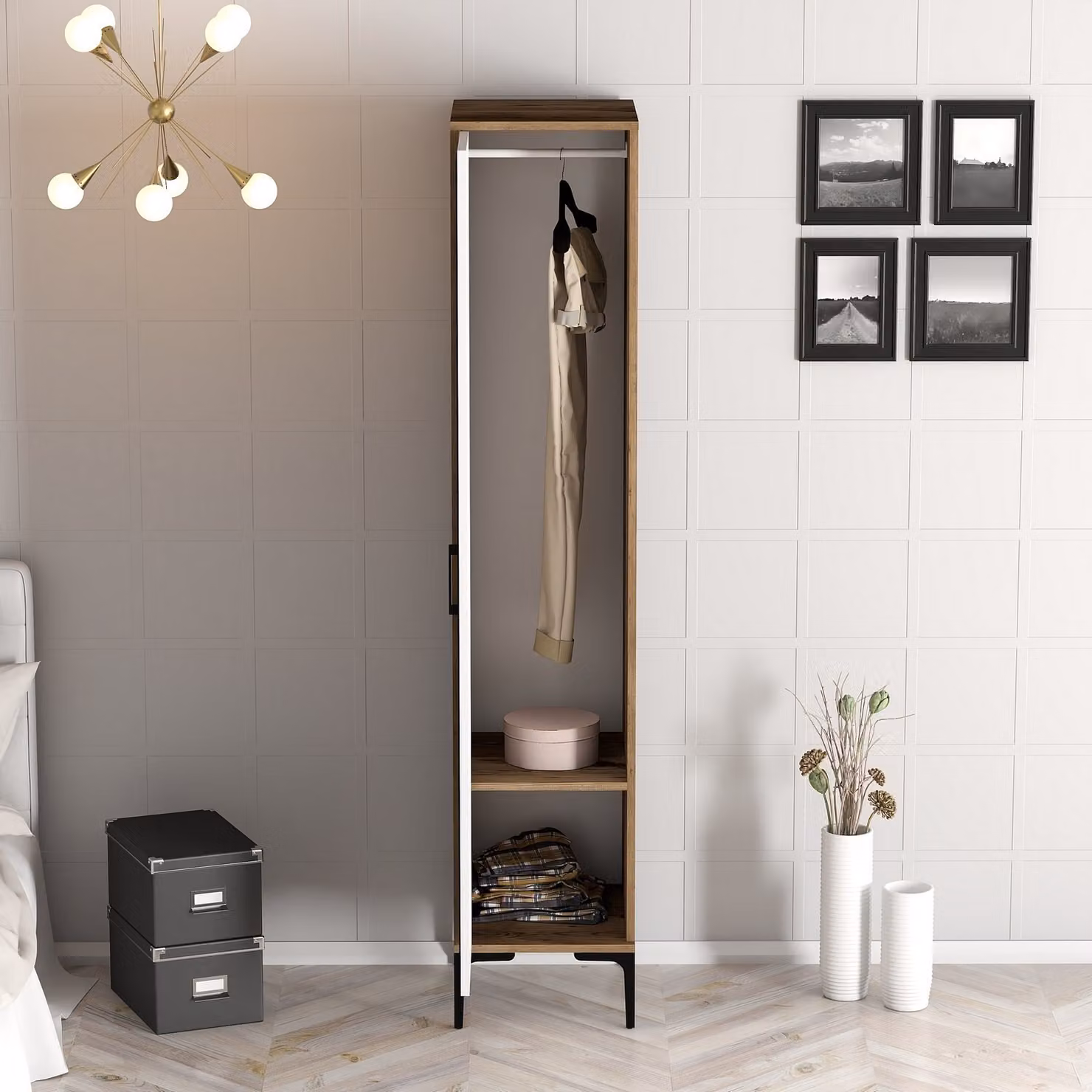 Skye Decor, Kumsal R - Noce, Bianco, Armadio, Noce, 100% PANNELLI DI PARTICELLE RIVESTITI IN MELAMMINA, 40 x 201,4 x 47,5 cm