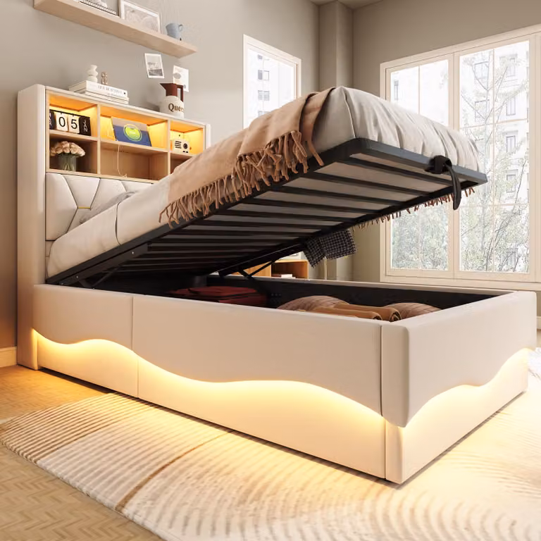 MODFU Letto per bambini 180×200 con griglia metallica, letto imbottito con striscia LED APP-driven e caricatore USB, letto con contenitore idraulico, senza materasso, beige