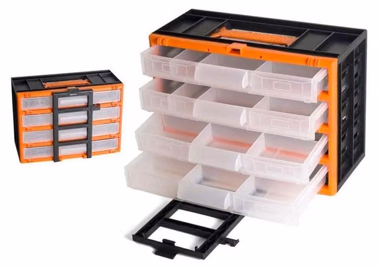 Cassetta portautensili DRW con 4 scomparti estraibili per l'organizzazione, dimensioni 31 x 16 x 22 cm