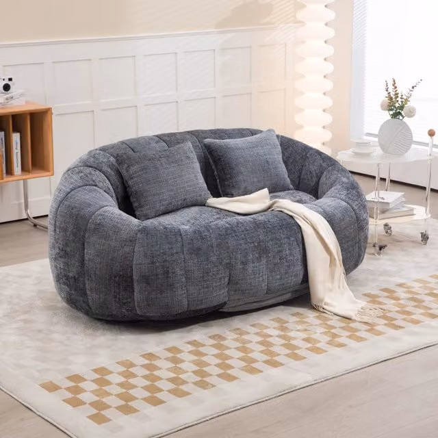 Divano a sacco per adulti in ciniglia grigia; design con schienale alto; 150x95x63 cm