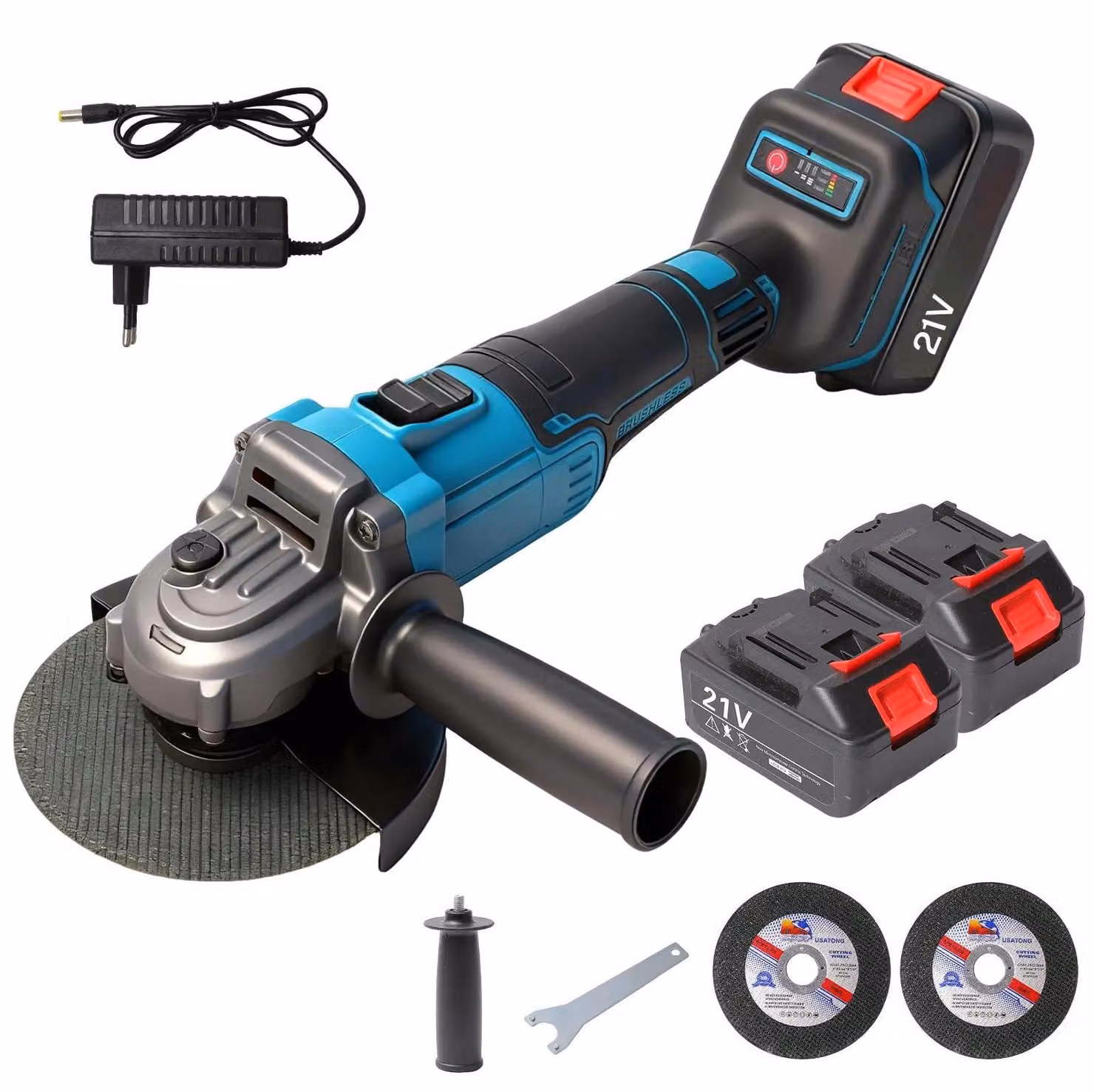 Smerigliatrice angolare brushless da 125 mm – versione a batteria senza fili – con batteria inclusa – per levigatura, taglio e lucidatura – adatta per metallo e legno – colore blu