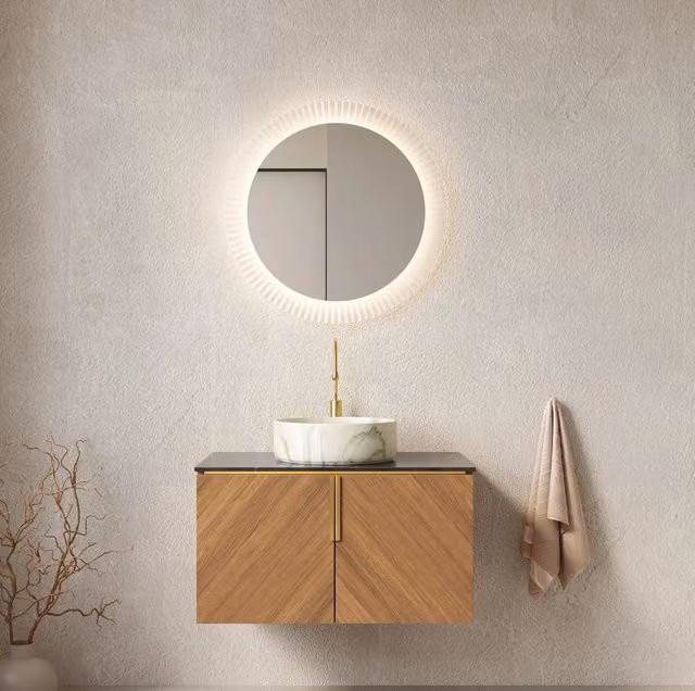 Mobile bagno con lavabo rotondo in ceramica; piano in pietra sinterizzata nera; 2 ante
