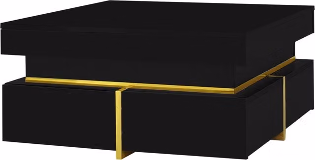 Tavolino da salotto lucido con cassetti e dettagli dorati, 70x70x35,5 cm, colore nero