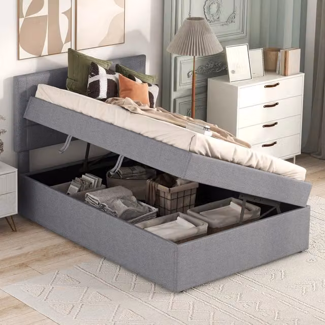 letto imbottito legno massello mdf grigio 90 x 200 cm