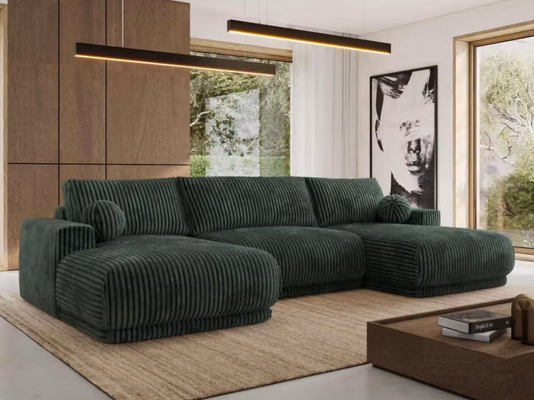 MKS MEBLE Divano ad angolo XXL RINA, divano componibile a forma di U con funzione letto e molle ondulate, funzione letto a scomparsa - Velluto a coste verde scuro