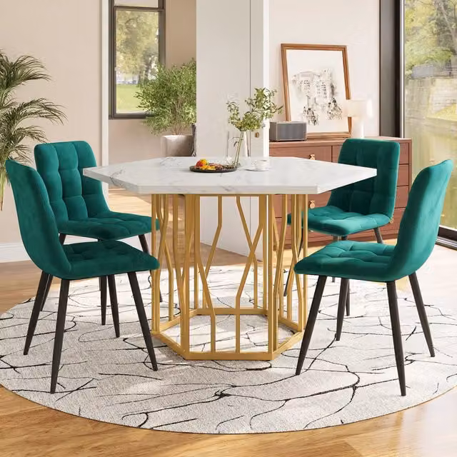 Set tavolo e sedie 5 pezzi: tavolo esagonale in marmo con gambe oro + 4 sedie da pranzo in velluto verde, design moderno