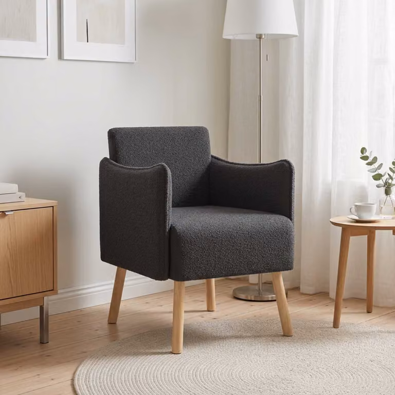 Sedia d'accento moderna vidaXL in tessuto bouclé grigio con braccioli e struttura in legno