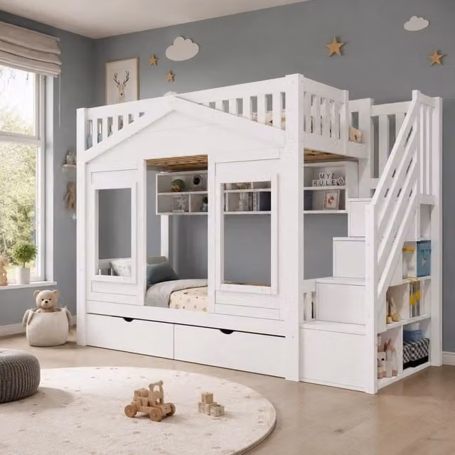 Letto a soppalco 90x200 cm con scala contenitore e cassetto in pino e MDF bianco