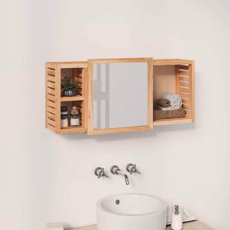 Armadietto a specchio da parete vidaXL in legno di noce oliato con ante in vetro, L: 80 cm, P: 17 cm, H: 34 cm