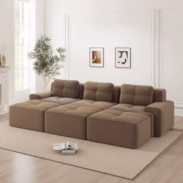 Divano Angolare Modulare MINIMAL con Funzione Letto in Tessuto Corduroy Marrone, 3 Posti con 3 Pouf, L/P/H: 177 x 82,2 x 69 cm