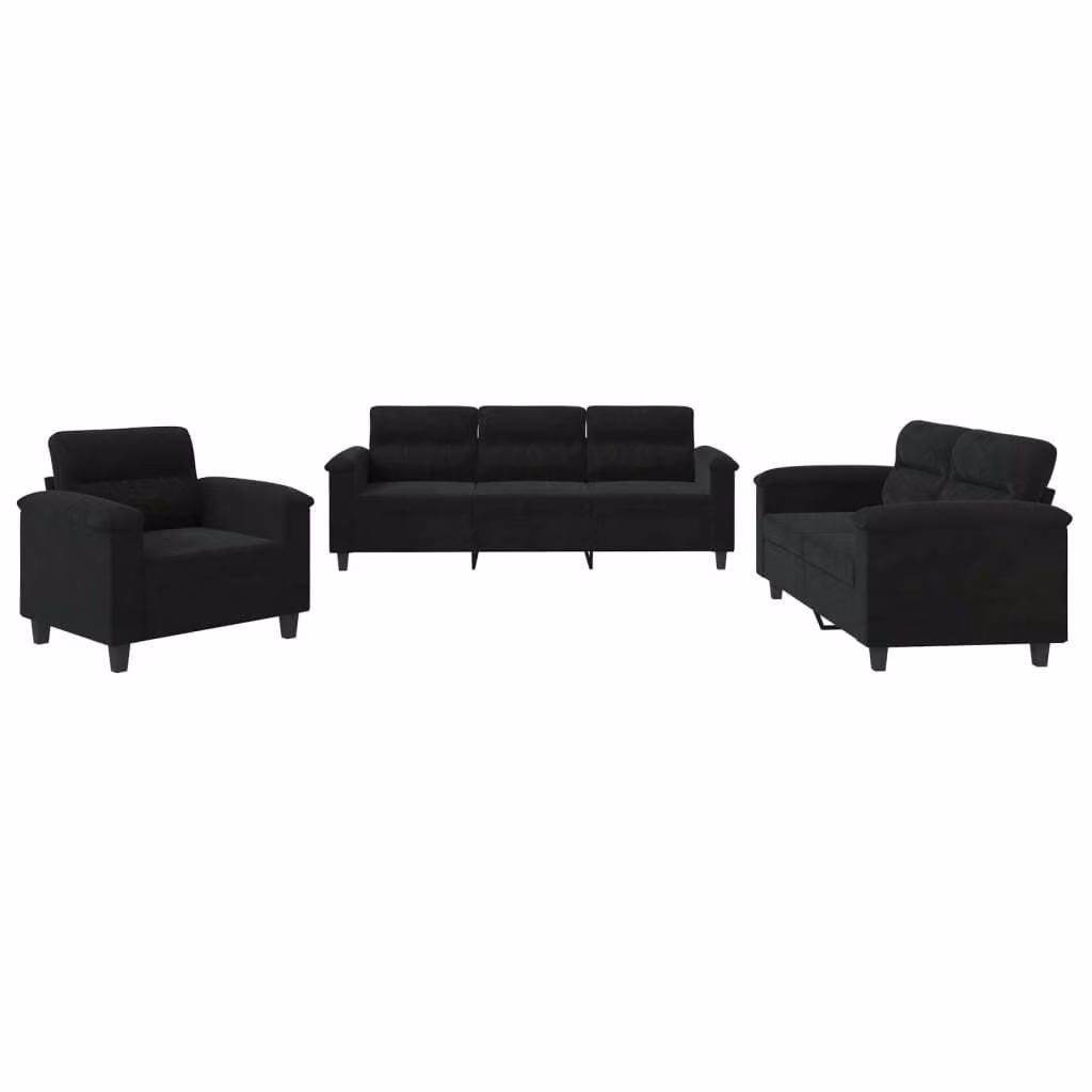 Set Divani 3 pz con Cuscini Nero in Tessuto Microfibra