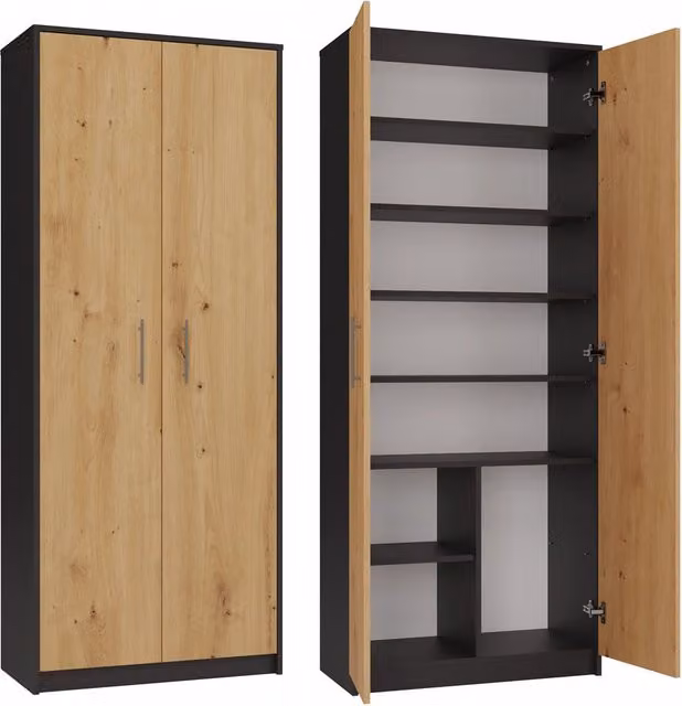 Libreria moderna OLIV con ante a battente in finitura antracite opaca e dettagli in rovere, H 180 x L 74 x P 35 cm – 1