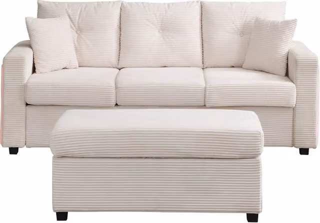 Divano modulare a L in tessuto di velluto a coste con LED, 3 posti e pouf XXL rimovibile, struttura in legno resistente