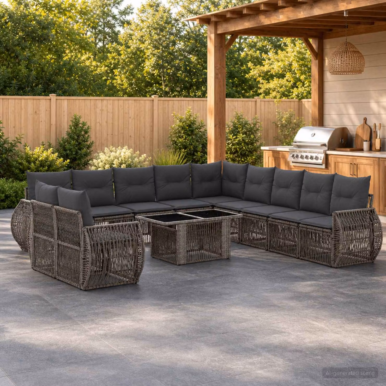 vidaXL Set Divano da Giardino a forma di U in Polyrattan con Tavolino e Cuscini, Grigio e Antracite