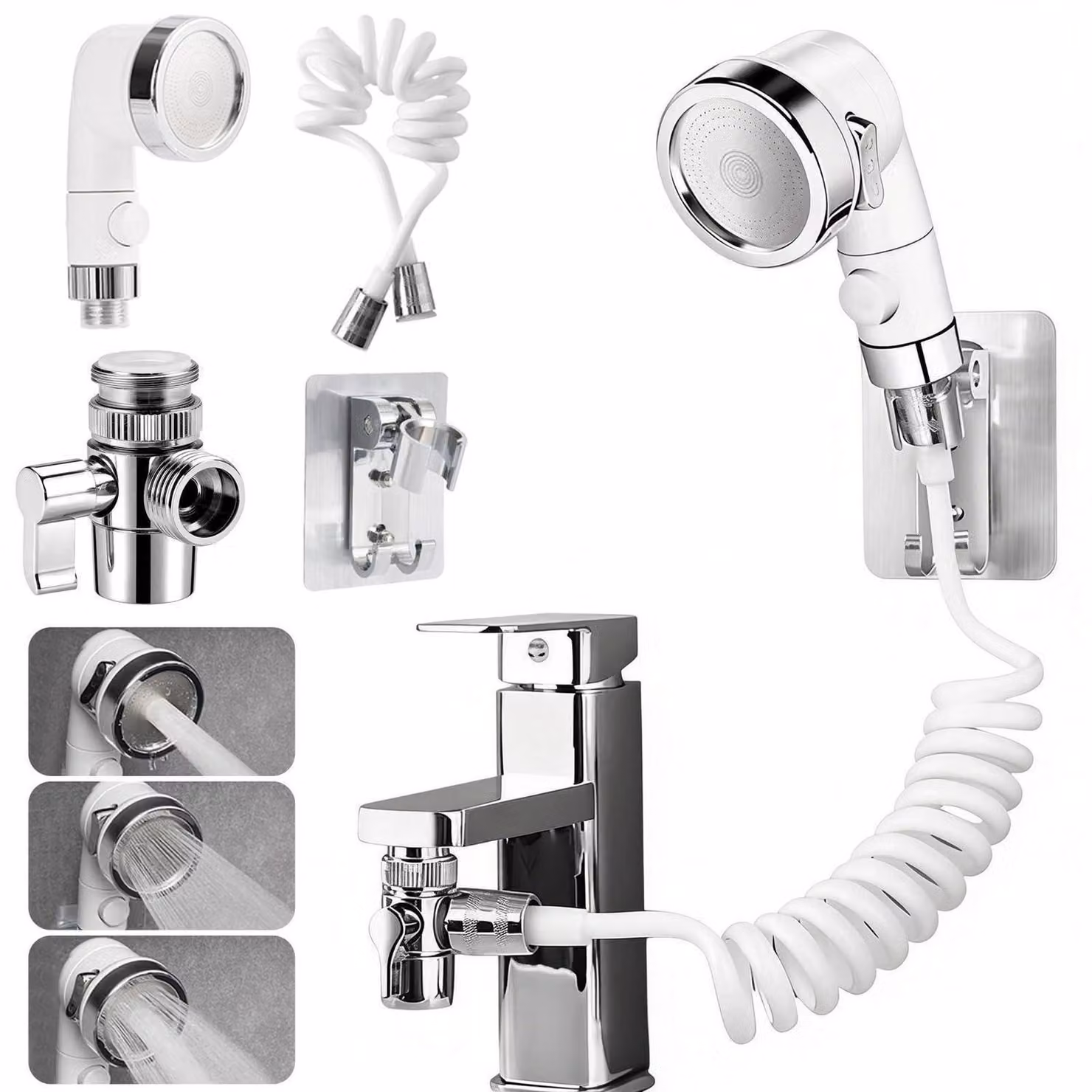 Doccia con flessibile, soffione manuale, rubinetto del lavandino, soffione, colore bianco, lunghezza del flessibile 1,5 metri