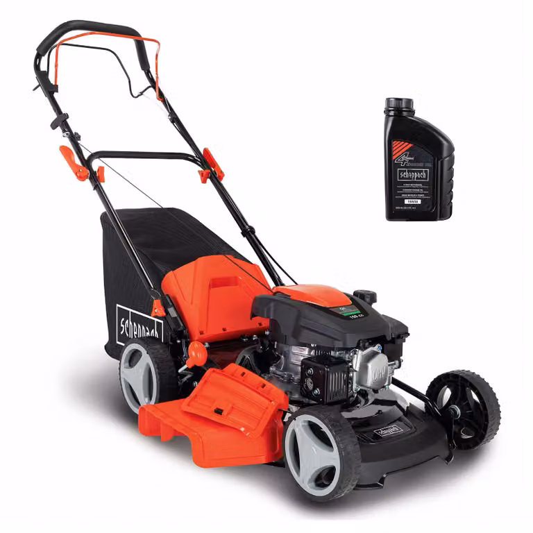 Scheppach MS161-46 Tosaerba a benzina con trazione - Larghezza di taglio 46 cm | Funzione di pulizia | 55 L | 7 altezze | Funzione mulching | Olio motore incluso