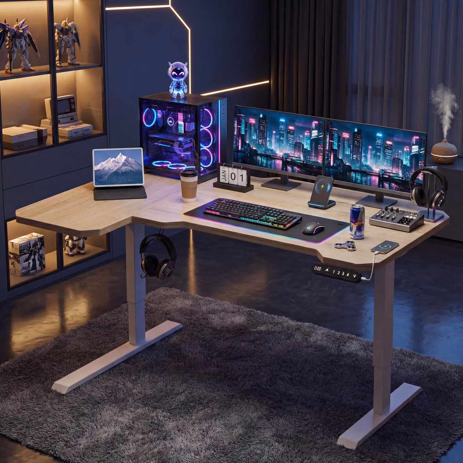 Hilodesk 150cm a forma di l elettrico regolabile in altezza scrivania ad angolo scrivania in piedi per ufficio, con presa di corrente & con carica rapida, tappetino per il mouse libero