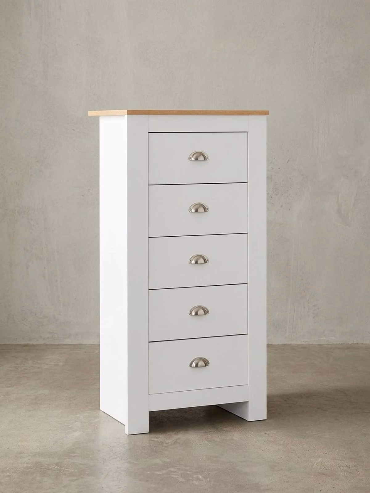 Credenza in rovere bianco, 5 cassetti, spazio contenitivo salvaspazio, rivestimento in resina melamminica. 53x39x114 cm | Kadima Design