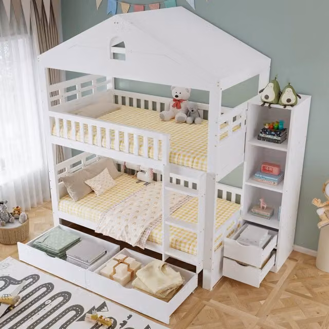 Letto a castello per bambini 90 × 200 cm 2 posti con scala, 2 cassetti e ripiani laterali, senza materasso, bianco