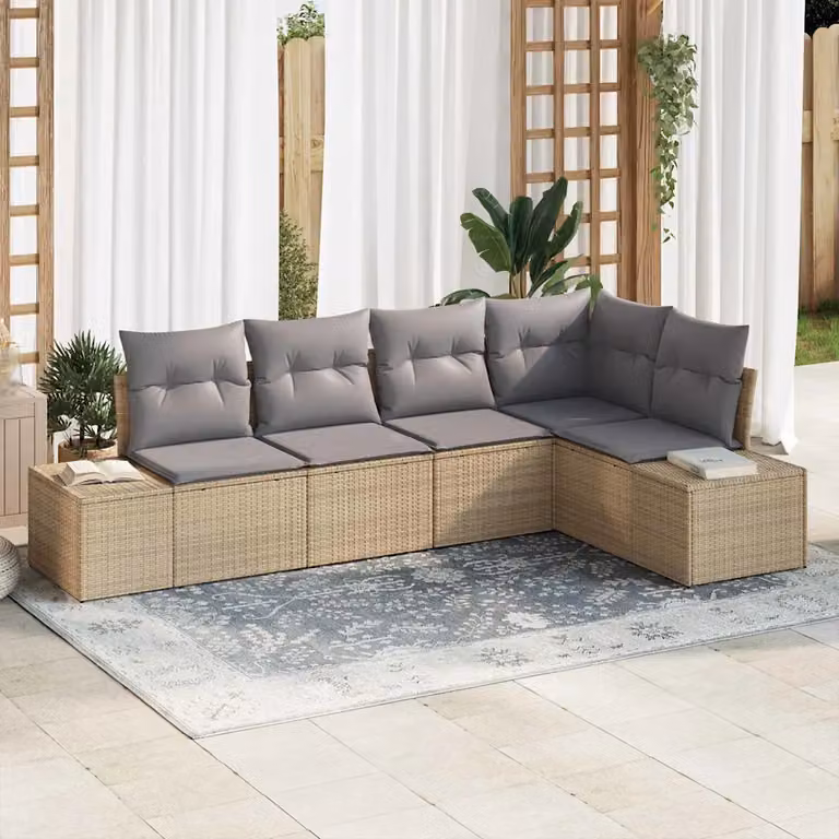 Set Divano da Giardino vidaXL 5 Pezzi a Forma di L in Polyrattan con Cuscini Beige e Grigio