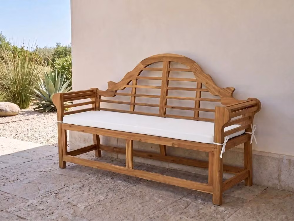 Panca da giardino Beliani in legno di acacia con cuscini, design classico da 3 posti, colore marrone e bianco, L: 180 cm, P: 60 cm, H: 108 cm – 2