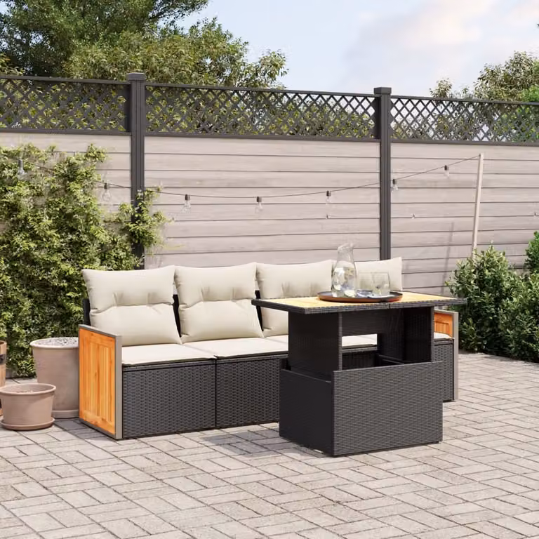 vidaXL Set Divani da Giardino 5 Pezzi in Polyrattan Nero con Cuscini e Tavolino da Esterno