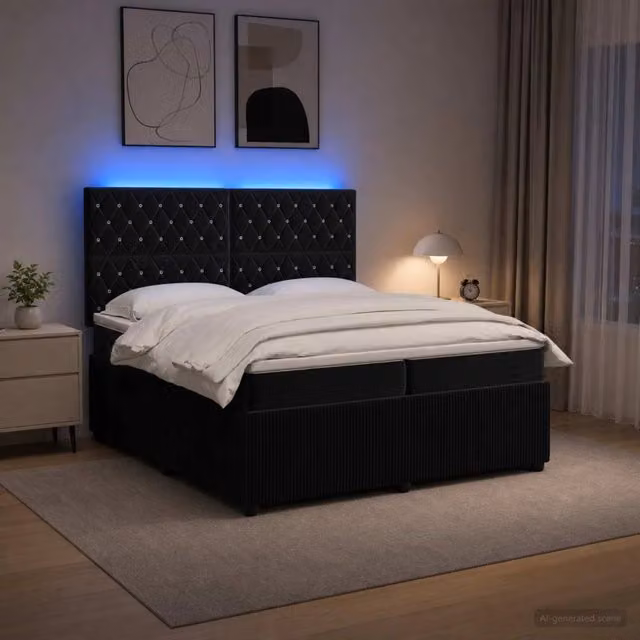 Letto Box Spring vidaXL in Velluto Nero con Materasso Ibrido e Illuminazione LED sotto il letto, con Porte USB e Base a Sollevamento, L/P: 200 x 200 cm