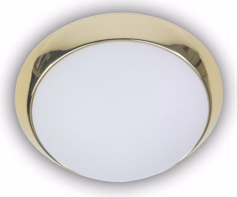 Plafoniera rotonda, vetro opalino opaco, anello decorativo in ottone lucido Ø 45 cm, lampada da ufficio