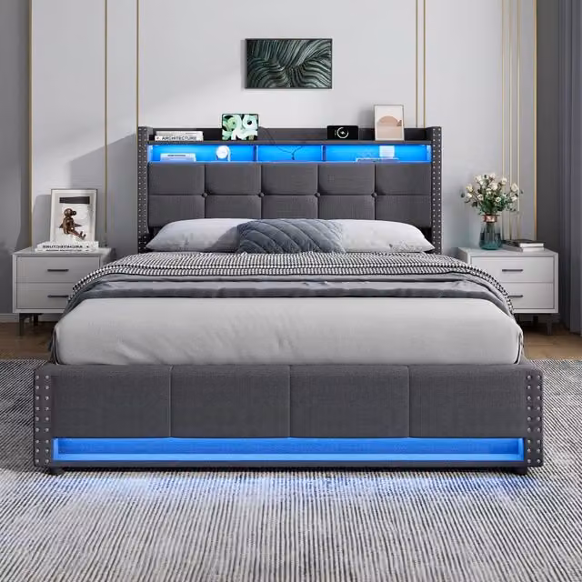 Letto matrimoniale contenitore imbottito grigio scuro 140x200 cm con LED e ricarica USB