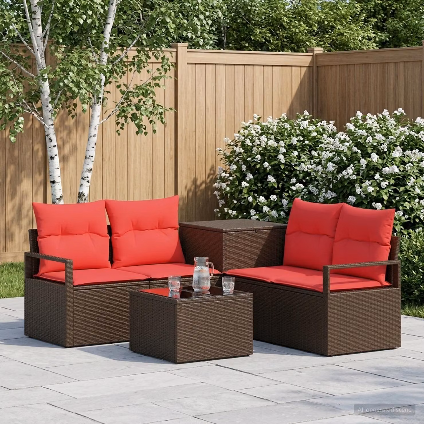 Set di divani da giardino vidaXL composto da 6 pezzi in rattan sintetico e metallo, colore marrone e rosso, con cuscini inclusi e tavolino da caffè, design moderno a forma di L per esterno