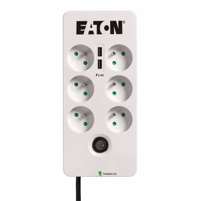 Presa multipla con protezione da sovratensione Eaton Protection Box 6, 6 prese FR, protezione Tel/RJ, 2 porte USB, bianco e nero