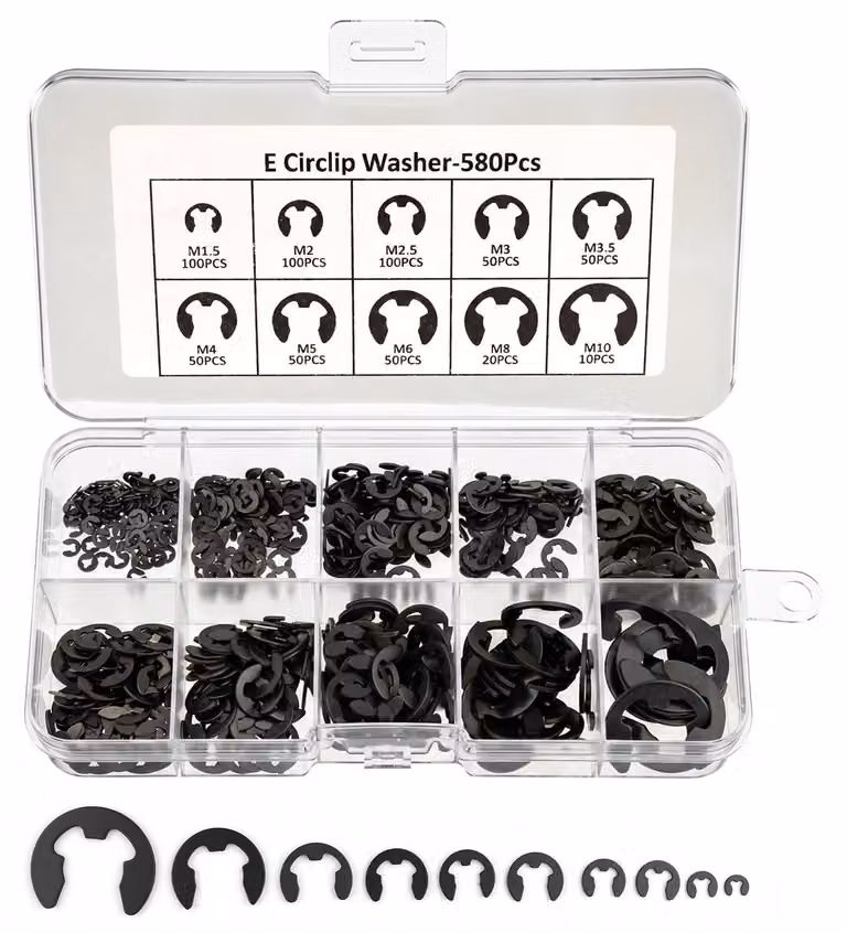 580 Set di rondelle di sicurezza, clip a U, clip a C, rondelle di bloccaggio, 10 misure, colore nero
