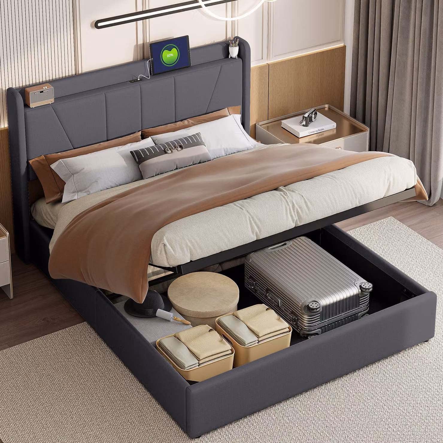 Letto imbottito Fortuna Lai 160x200cm con USB, letto per ragazzi letto matrimoniale con rete a doghe e contenitore, letto contenitore, lino, grigio
