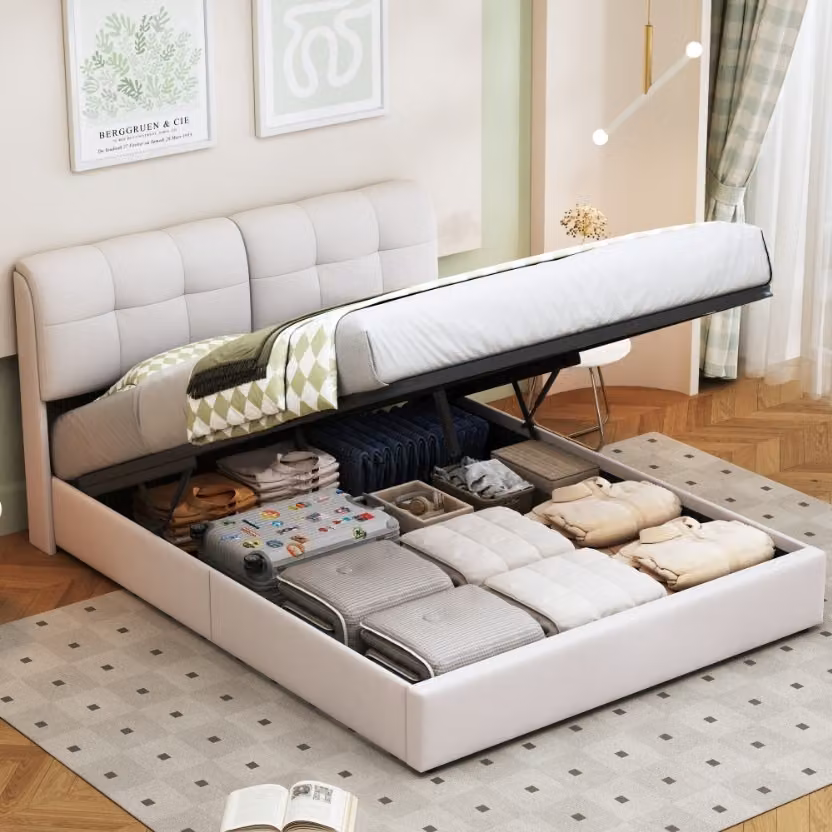 Letto imbottito 140x200cm, letto contenitore letto matrimoniale letto giovanile con LED, letto a molle letto in legno letto funzionale, velluto, beige