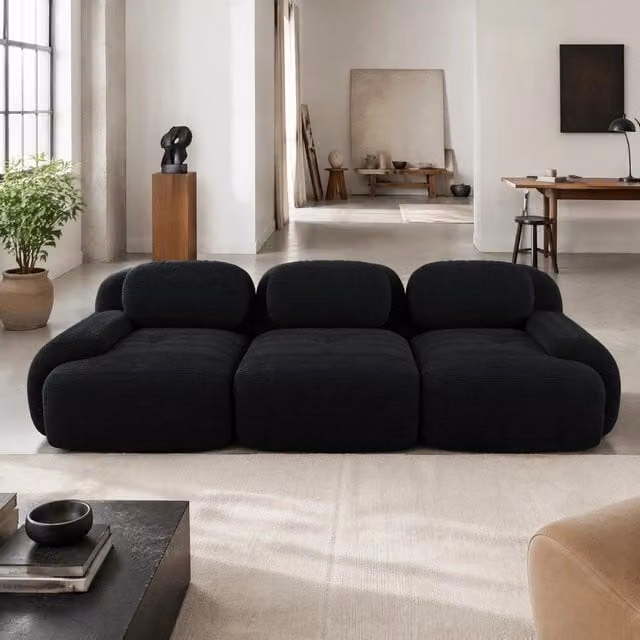 Divano angolare modulare 298x103x70 cm senza telaio in tessuto a coste; nero
