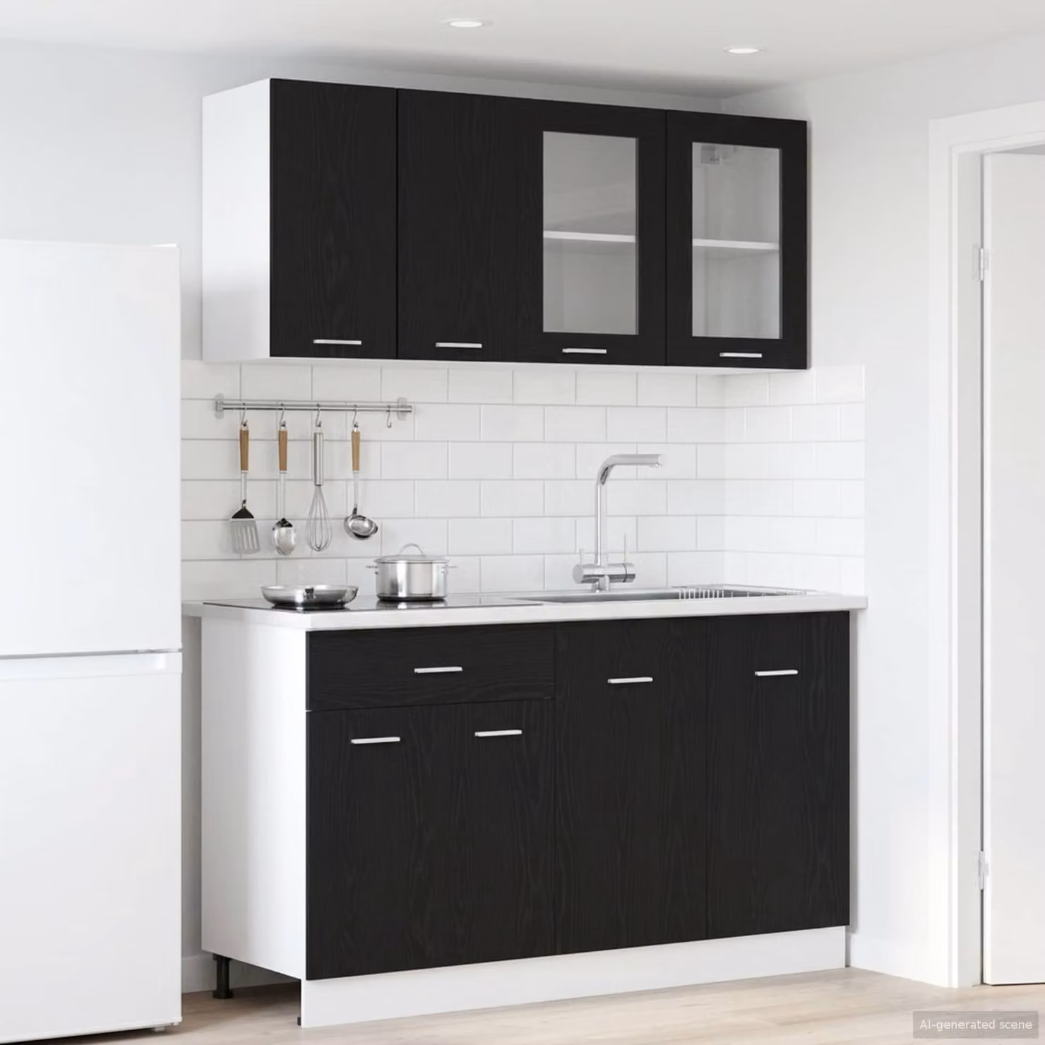 Set di mobili da cucina vidaXL LYON composto da 4 pezzi in legno ingegnerizzato e vetro, colore Rovere e Nero, stile moderno