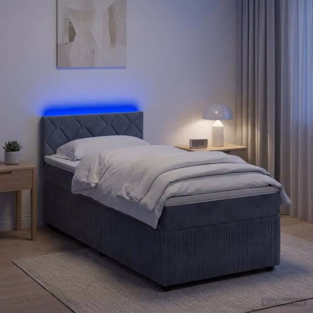 Letto con Box Spring, Materasso a Molle Insacchettate e Illuminazione LED vidaXL, Grigio, L/P: 90 x 190 cm – 1