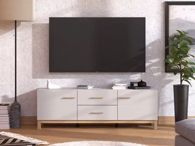Mobile porta TV Paduli DMORA con 2 cassetti in legno beige, stile moderno, L 154 cm x P 41,5 cm x H 50,5 cm – 1
