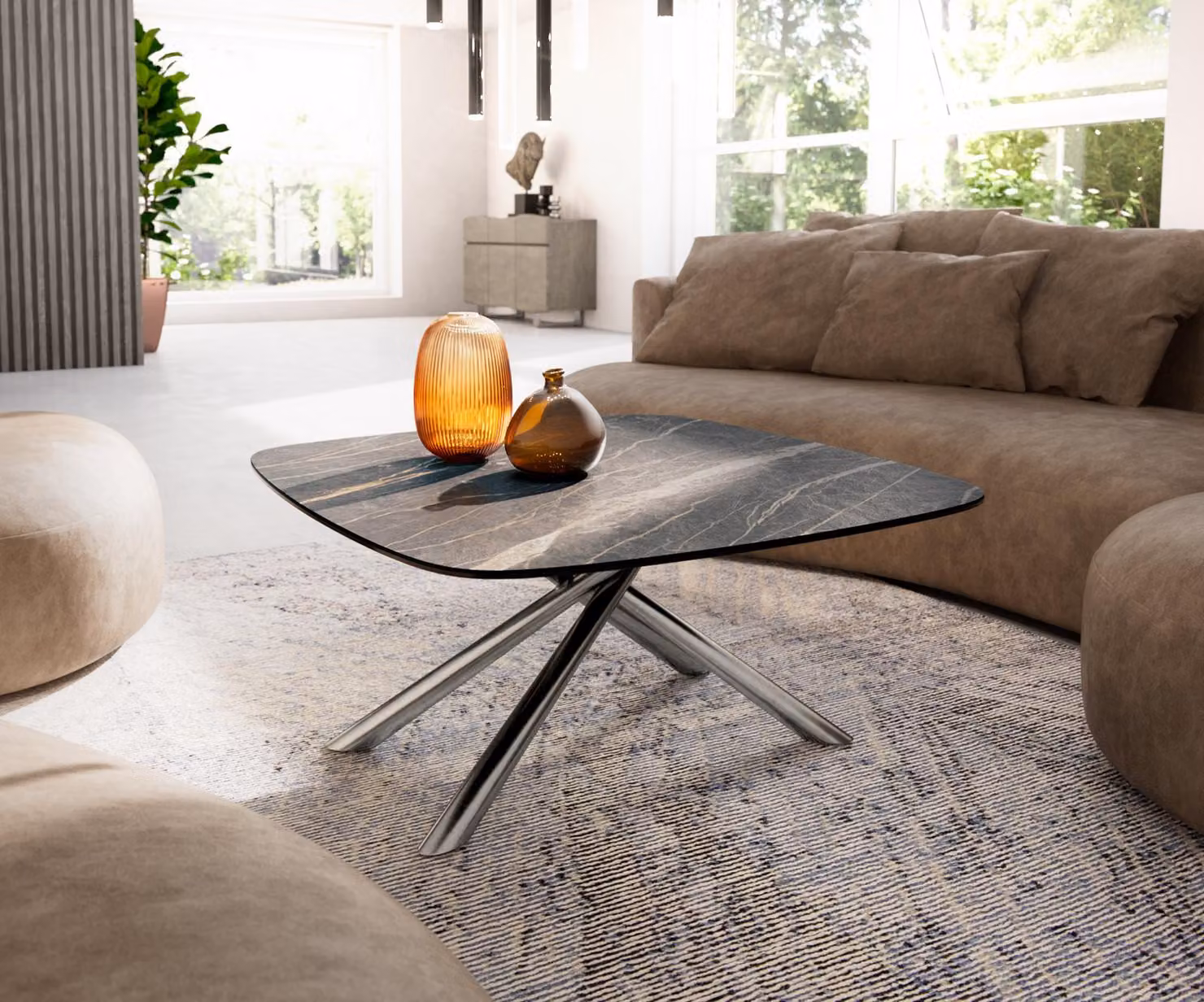DELIFE Tavolino da divano Edge, modello Boot, 90x90 cm, piano in laminato ceramico Noir Desir, struttura in acciaio inossidabile spazzolato color bronzo Sarity