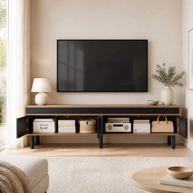 Mobile TV moderno MODFU con 4 ante, nero e effetto legno, L/P/H: 170 x 38 x 47 cm