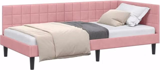 Letto singolo moderno in velluto rosa con struttura imbottita in legno, L/P/H: 200 x 100 x 72 cm – 1