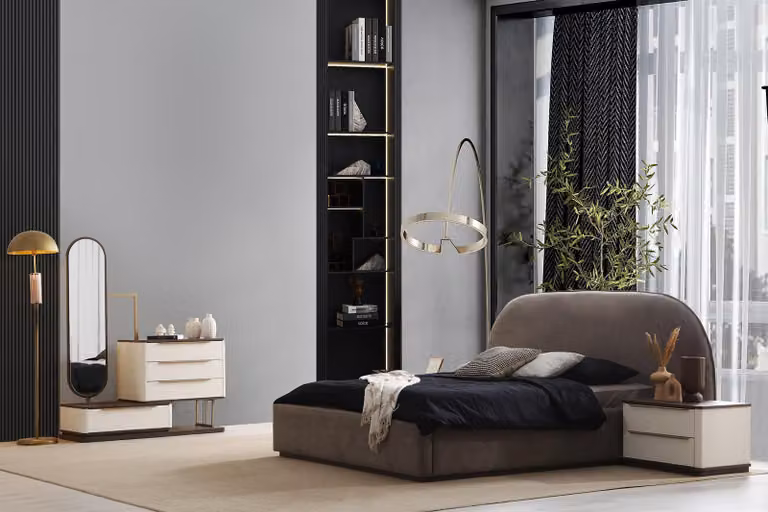 Edles Schlafzimmer Set Designer Taupes Bett Nachttische Schminktisch